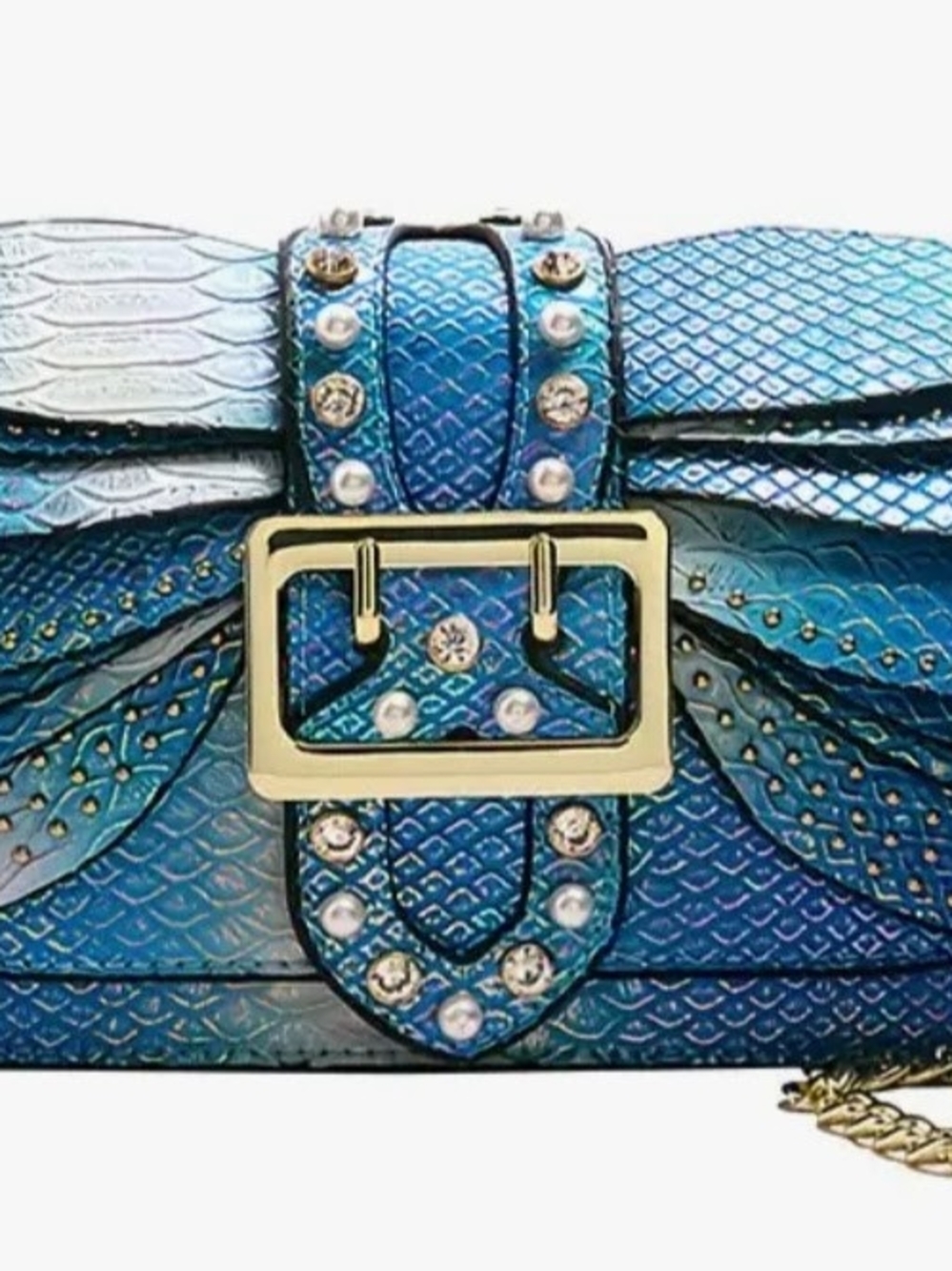 Blue Iridescent Embellished Shoulder Bag